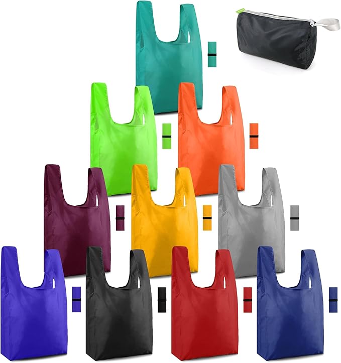 BeeGreen Colorful Reusable Grocery Bags Bulk Gifts 10-Pack - Large Tote with Zipper Pouch | Foldable & Washable Polyester Shopping Bags Heavy Duty Animal Lover Gifts Reusable Bag With Handles