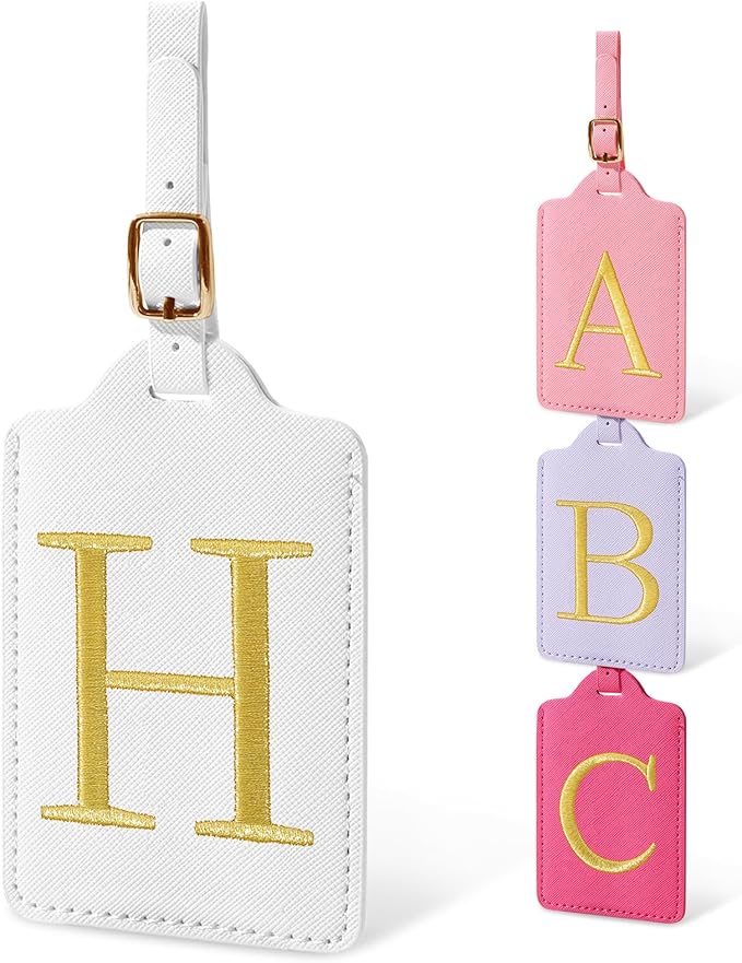 Initial Luggage Tags for Suitcases, Cute Embroidered Letter Luggage Bag Suitcase Identifier Name Baggage Tag, PU Leather Travel Luggage Tags, Bag Tags for Men Women Kids Luggage Handbags(White H)