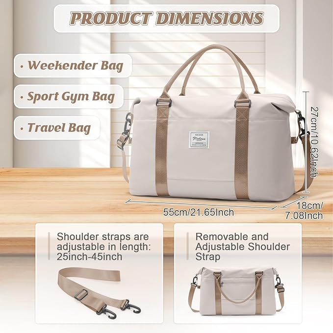 BJLFS Sports Duffel Bags for Women Beige Weekender Travel Totes Bag for Airplane, Cute Sports Gym Dance Overnight Luggage Bag with Wet Pocket, Carry On Hospital Bag for Labor and Delivery