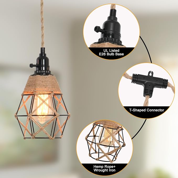 3-Light Hanging Light with Plug in Cord,Plug in Pendant Light 22ft Hemp Rope Pendant Lighting Vintage 3-Light Hanging Lamp Fixtures for Kitchen Island Living Room Bedroom
