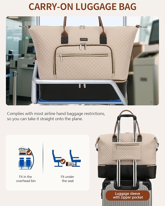 Duffle Bag for Women Travel, Weekender Bag Overnight Bag with Shoe Compartment, Carry on Bag with Crossbody Purse for Over Night, Weekend, Yoga, Gym, Business Trips, Hospital, Nude Black
