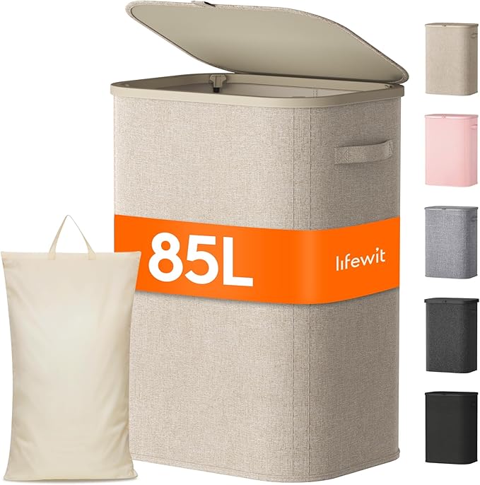 Lifewit 85L Large Laundry Basket with Lid, Laundry Hamper with Plastic Handles and Removable Bag, Foldable Tall Dirty Clothes Hampers for Laundry for Laundry Room, Bedroom, Bathroom, Dorm, Beige