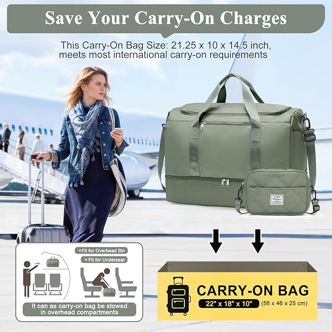 Extra Large Travel Duffle Bag,Carry on Overnight Bag with Shoes Compartment,Weekender Bags for Women for Travel Business Trips Sport Hospital,3 Pcs Set,Green