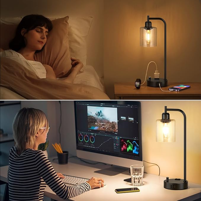 Industrial Bedside Lamps Set of 2, Fully Dimmable Desk Lamps for Bedroom | Glass Shade, USB C+A Charging Port & Outlet, Black Nightstand Table Lamps for Living Room, Office, Reading, Vintage