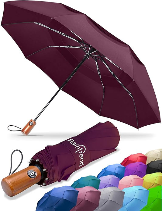 Raintrend Windproof Travel Umbrellas for Rain Automatic +10% Bigger Canopy Strong Frame Compact Folding Portable Umbrella for Women Men Backpack Purse