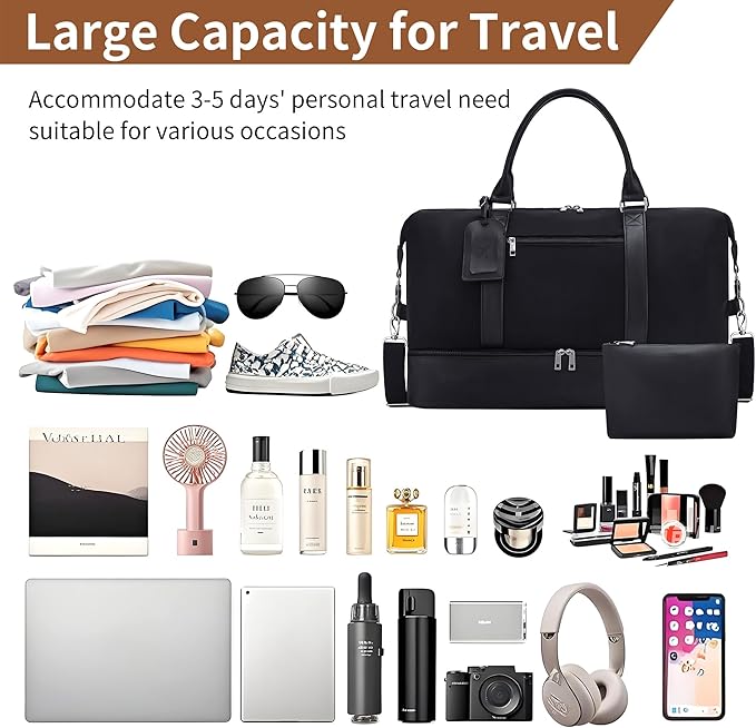 Oeihuivt Weekender Bags for Women - 21 Inch Large Travel Duffel Bag 2-Piece Set with Shoe Compartment, Heavy-Duty Canvas Leather Carry On Overnight Tote