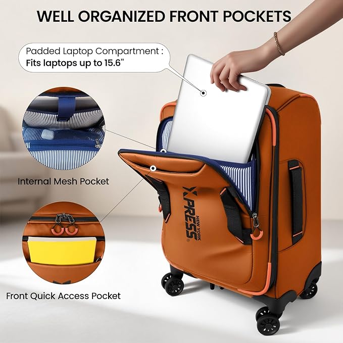 22" Luggage, Softside Suitcase w/Double Spinner Wheels, Waterproof,Lightweight Rolling Suitcases for Men/Women（Orange,22in）