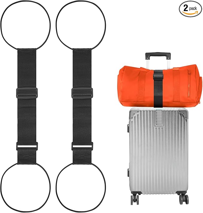 BILIONE Add a Bag Luggage Straps 2 Pack, Adjustable Bungee Elastic Belt to Connect Two Suitcases, Secure Carry On & Travel Essentials (Black)