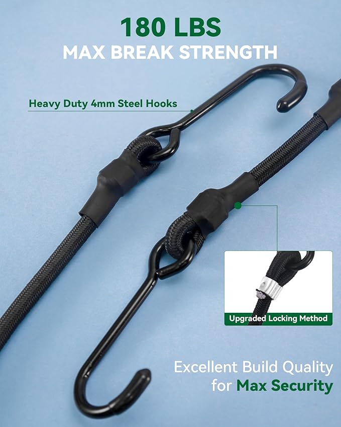 6'' Short Mini Heavy Duty Bungee Cords with 180 lbs Max Break Strength & Rust Resistant Steel Hooks, 8 Pcs Black Small Bungee Straps with Excellent UV Protection & 6mm Diameter, Perfect for Small Item