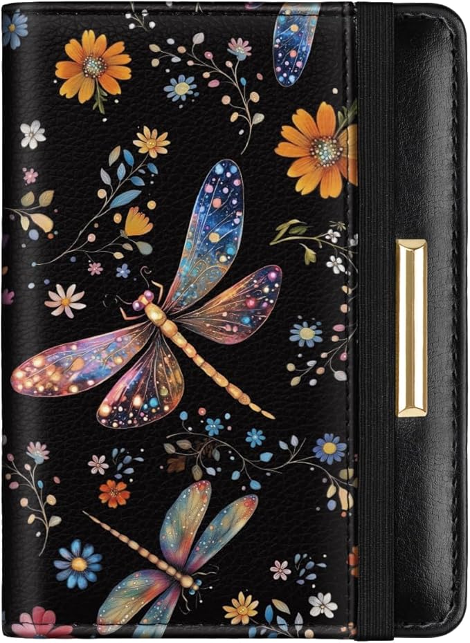 Passport Holder Cover Travel RFID Blocking Passport Cover Cute Flowers Passport Wallet with Elastic Band for Women, Dragonflies