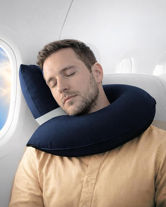 CANDY CANE Inflatable Neck Pillow for Airplane Travel with JShaped Design and 360° Support - Window Leaning Head & Chin Rest for Long Flights - Compact Blow Up for Air Travel