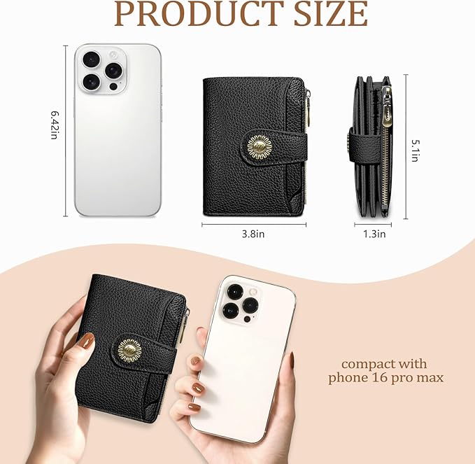 Icycay Black Small Wallet Women RFID Blocking Bifold, Credit Card Holder, Zipper Coin Pocket, PU Leather, Compact, Travel, 4 ID Window, 14 Card Slots, Cash Purse, Ladies Woman Female Girls
