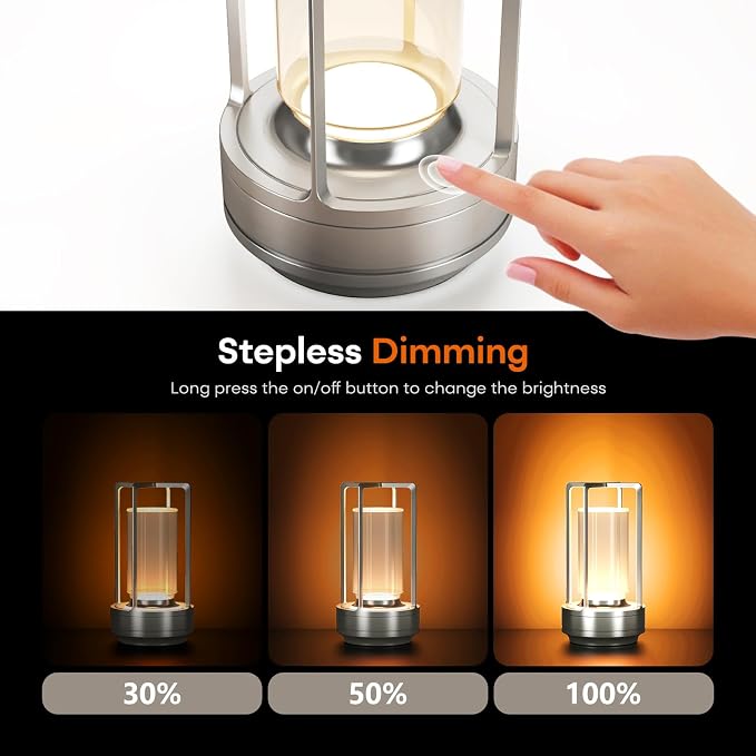 Rechargeable Cordless Small Metal Table Lamp, Stepless Dimming, 3-Color | Silver, 2600mAh Battery, Portable LED Desk Light, Cute, Suitable for Indoor/Outdoor/Restaurant/Bedroom/Bar/Coffee/Camping