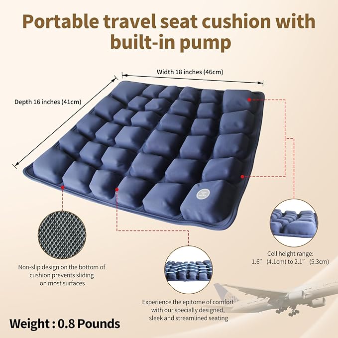 Air Inflatable Travel Seat Cushion with Built-in Pump & Carry Bag– Portable & Adjustable for Airplane, Car, Office – Coccyx, Sciatica & Tailbone Pain Relief (Blue)