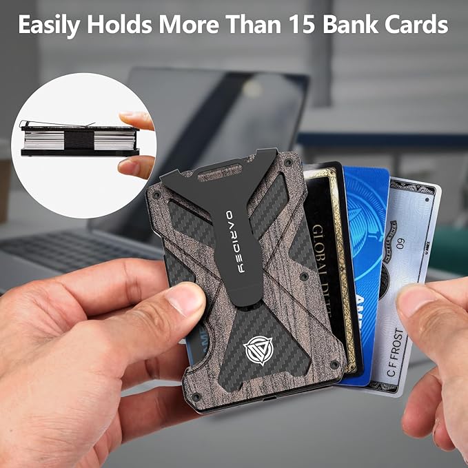 Minimalist Wallet for Men- Slim Aluminum Metal Money Clip Wallet with Clear ID Card Holder, Carbon Fiber Wallet, RFID Blocking,Holds up 15 Cards with Cash Clip,Ultra-Thin Tactical Wallet - Walnut Wood