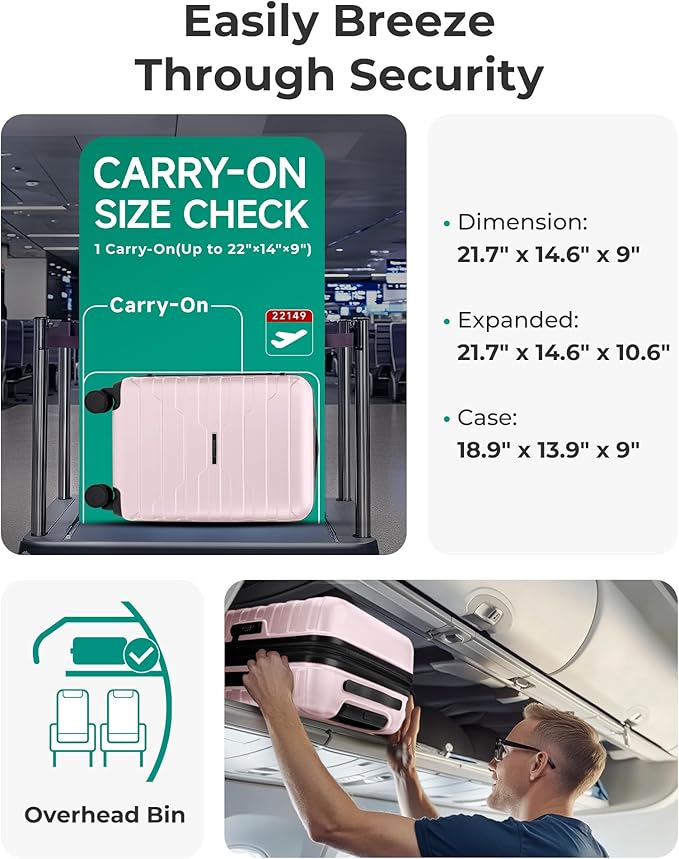 BAGSMART Carry On Luggage 22x14x9 Airline Approved with Spinner Wheels,Lightweight 20 Inch Luggage with TSA Lock,Expandable Hard Shell Carry On Suitcases for Men Women,Pink