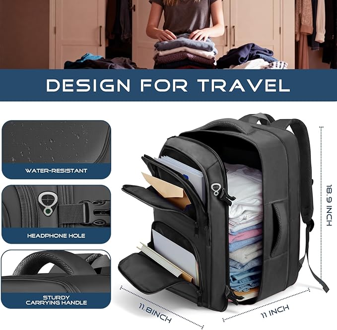 Travel Backpack, Expandable Carry on Backpack for Men, TSA 17.3 inch Laptop Bag Flight Approved, Lightweight Business Luggage Bag, Travel Gifts for Men Women, Black