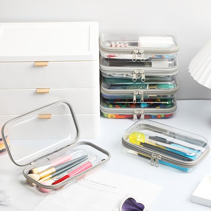 Sanwuta 6 Pcs Clear Hard Zipper Case Plastic Zipper Pouches Transparent Makeup Bag Pencil Case Pouches Toiletry Diaper Bag for Travel Toy Storage Organizer Bins(Gray,7.48 x 3.94 x 2 Inch)
