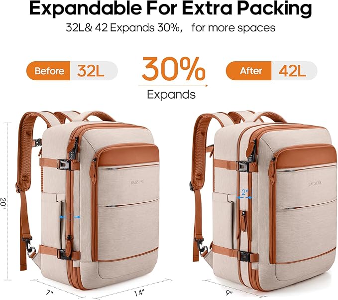 Bagsure Travel Backpack Carry On Backpack 42L Flight Approved, Expandable Laptop Backpack with Packing Cubes & Shoe Pocket, Water Resistant Luggage Backpack for Men Women, Large Backpack 20 * 14 * 7"