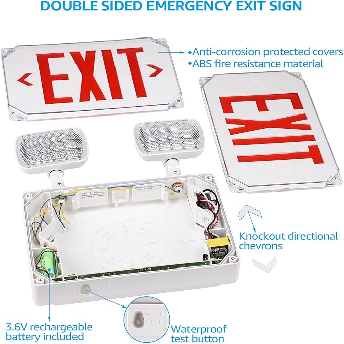 LEONLITE 6-Pack Wet Location LED Exit Sign with Emergency Lights White | UL Listed, AC 120/277V, Outdoor Hardwired Red Letter Exit Light with Battery Backup, 2 Dual Heads, Double Face