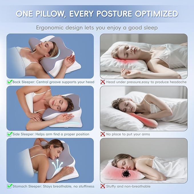 Cervical Neck Pillow, Memory Foam Pillows for Neck & Shoulder Pain Relief, 2 Heights Ergonomic Pillow with Breathable Ice Silk Cover, Neck Support Pillow for Stomach Sleepers White