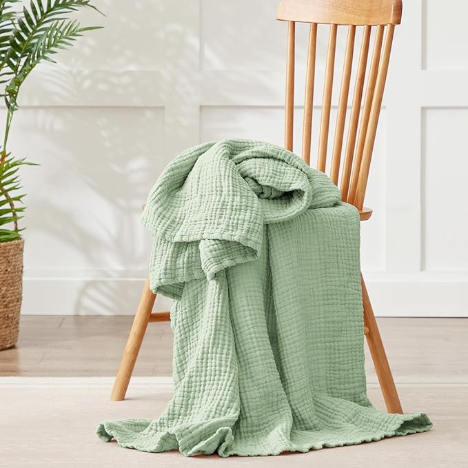 100% Cotton Muslin Blanket 50" x 60", Breathable and Lightweight Cotton Throw Blankets for Couch, Soft Cooling Summer Gauze Blanket for Adults All Season, Sage Green
