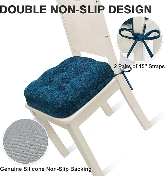 Shinnwa Dining Chair Cushions Set of 2, Dual-Layer Memory Foam Kitchen Chair Cushions, Patented Design Seat Pads with Ties, 16.5 x 16.5 x 3.5in, 2 Pack, Navy Blue