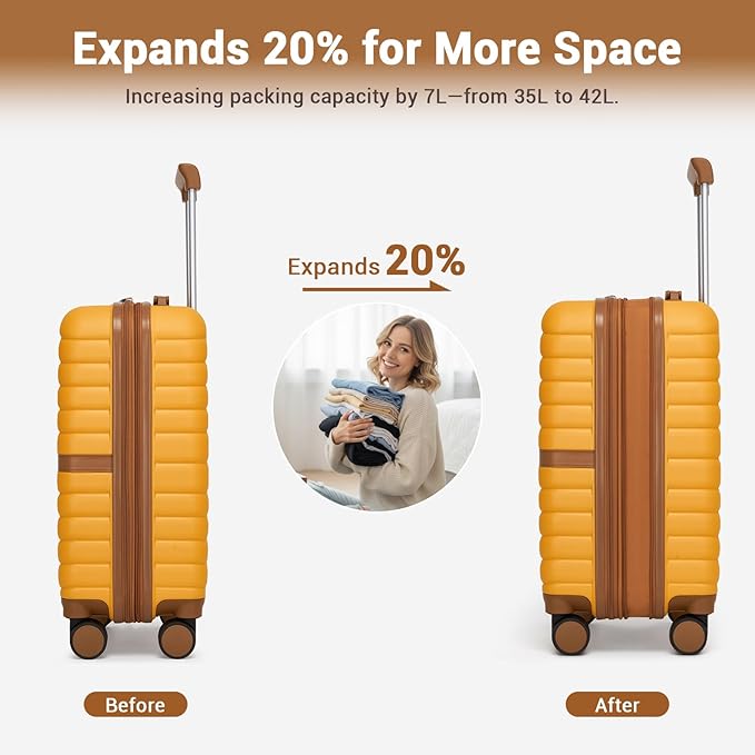 Kono Expandable Carry On Luggage 22x14x9 Airline Approved with Spinner Wheels, 20 Inch Durable & Impact-Resistant PC+ABS Hardshell Rolling Suitcase Travel Luggage with Lock, Yellow/Brown