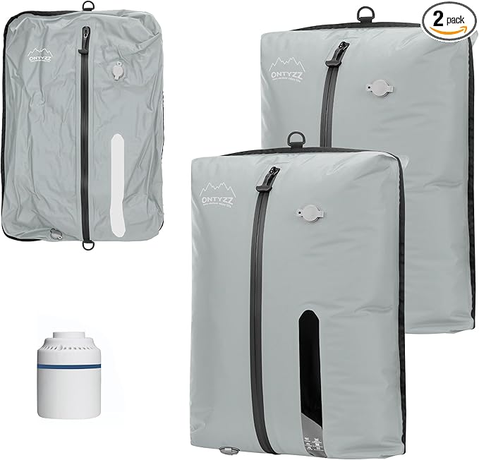 ONTYZZ Vacuum Bags for Travel, Reusable Vacuum Compression Bag, Recycled IPX8 Waterproof Space Saver Bag for Luggage/Camping/Home Storage (2 Pack with Air Pump-Grey)