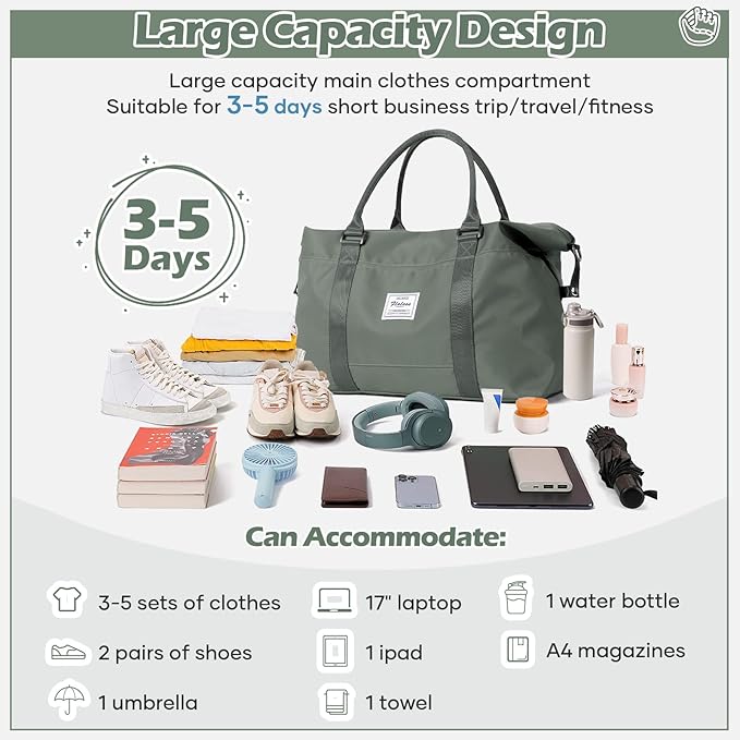 Small Gym Duffel Bag, Travel Weekender Bags for Women, Overnight Gym Carry On Tote Bag with Wet Pocket, Hospital Mom Bag for Labor and Delivery - Green
