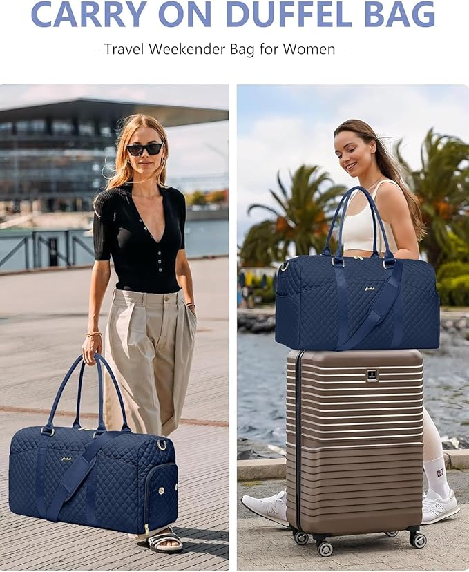 Women Weekender Travel Duffle Bag: Travel Duffel Overnight Bags with Shoe Compartment Large Carry on Tote with Toiletry Bag Weekend Traveling Yoga Gym Hospital Bag for Women with Wet Pocket Blue