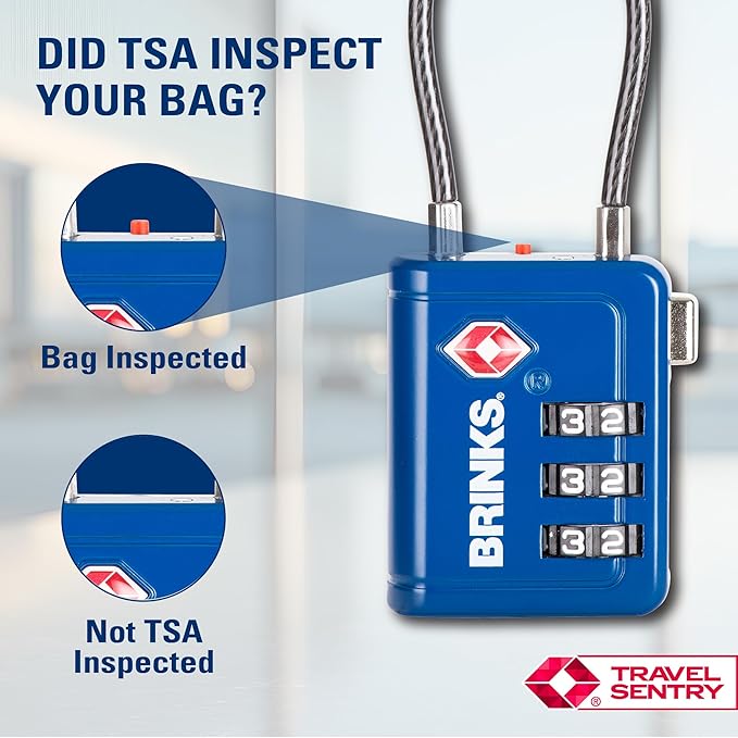 Brinks TSA Accepted Indicator Luggage Lock, Blue - Resettable 3-Dial Combination, 2.5 inch Long Cable Shackle, New More Secure TSA008 Key, 2 Pack