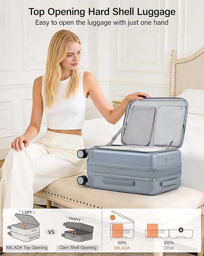 MILADA 24 Inch Checked Luggage, Expandable Hardshell Suitcase with 360° Spinner Wheels & TSA Lock, Lightweight Medium Rolling Luggage for Men and Women Travel, Grey