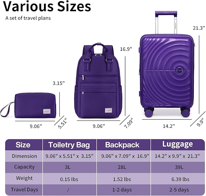 LARVENDER Carry On Luggage Set 22x14x9 Airline Approved, Expandable 20 Inch Carry-On Suitcases With Wheels, Lightweight Luggage Sets 3 Pieces With Backpack, Grape Purple