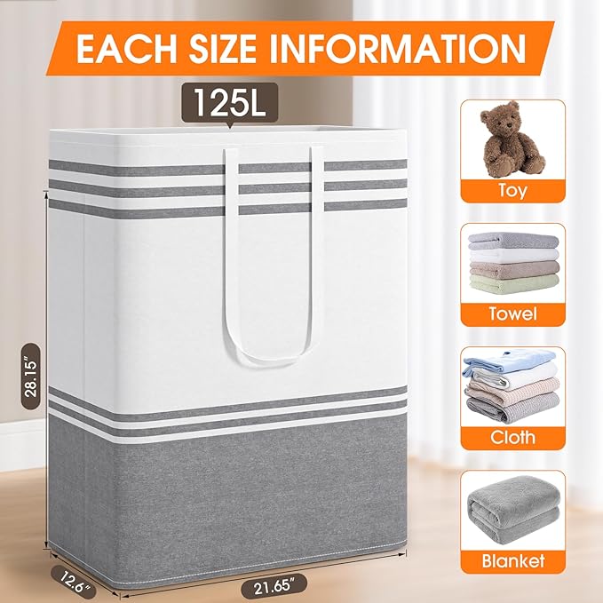 3 Pack Large Laundry Baskets, Laundry Hampers, Freestanding Waterproof Collapsible Clothes Bag with Extended & Reinforced Handles - Clothes Basket for Dorm, Bathroom, Home (125L)