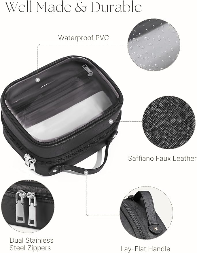 Clear Cosmetic Bag Double Layer Travel Toiletry Bag Clear Makeup Bag Case with 4 Compartments, Transparent Travel Bag for Toiletries, Large Toiletry Bag for Women Cosmetic Case (Black, Small)