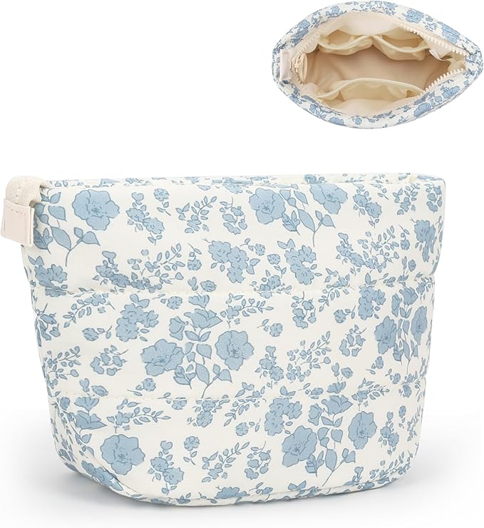 Relavel Floral Makeup Bag, Mini Cosmetic Pouch for Women, Portable Traveling Car Bag for Essentials with Compartments, Cute Toiletry Bag Organizer - Blue Flower