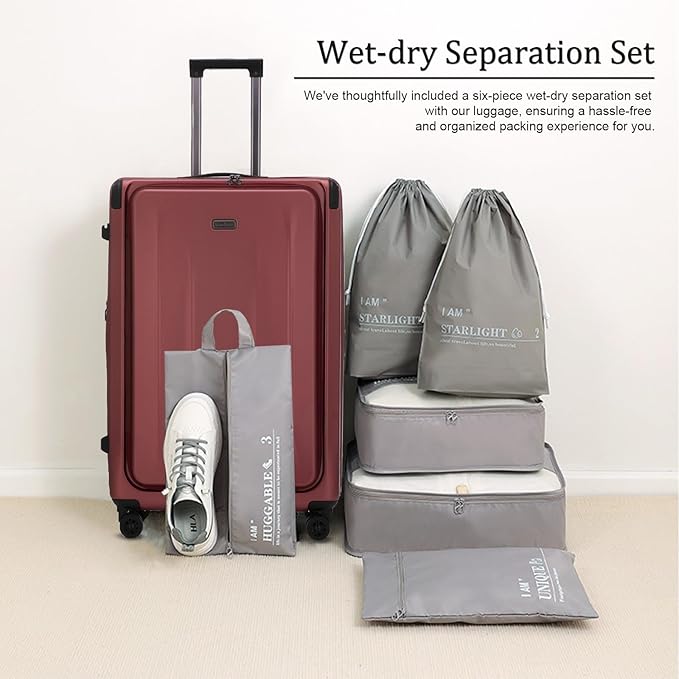 Premium Carry On Luggage, 20Inch&29 Inch Top Opening Airline Approved ABS+PC Hard Shell Suitcases with Silent Wheels, TSA Lock,Front Pocket and Wet-dry Separated Six-piece Set