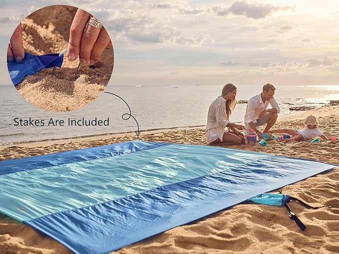 WEKAPO Beach Blanket Sandproof Waterproof, Extra Large Beach Mat, Oversized & Compact Sand Free, Quick Drying Beach Essentials for Vacation, Cruise, Picnic & Camping with Stakes