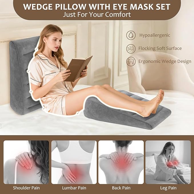 TheClover Inflatable Travel Wedge Pillow for Sleeping- Portable Bed Wedge with Eye Mask,Portable Neck & Back Support for Side Sleepers, Adjustable Air Cushion for Airplane, Car, Office (Grey)