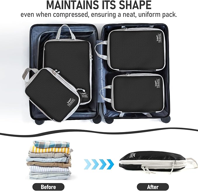 6 Set Compression Packing Cubes, Suitcase Organizer, Lightweight Travel Essentials, Compression Bags For Travel Accessories Luggage Storage Set (6Pcs, Black)