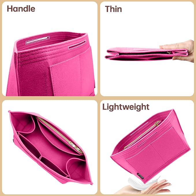 OPPOSHE Purse Organizer Insert for Longchamp Le Pliage, Premium Felt Long Champ Bag Handbag Women, Tote Organizer Insert with 6 Compartments (Small, Rosy)
