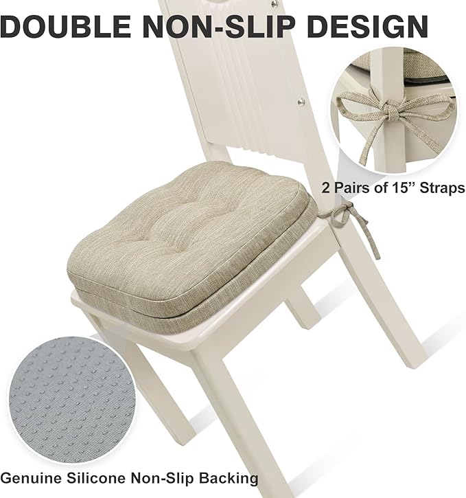 Shinnwa Dining Chair Cushions Set of 6, Dual-Layer Memory Foam Kitchen Chair Cushions, Patented Design Seat Pads with Ties, 16.5 x 16.5 x 3.5in, 6 Pack, Beige