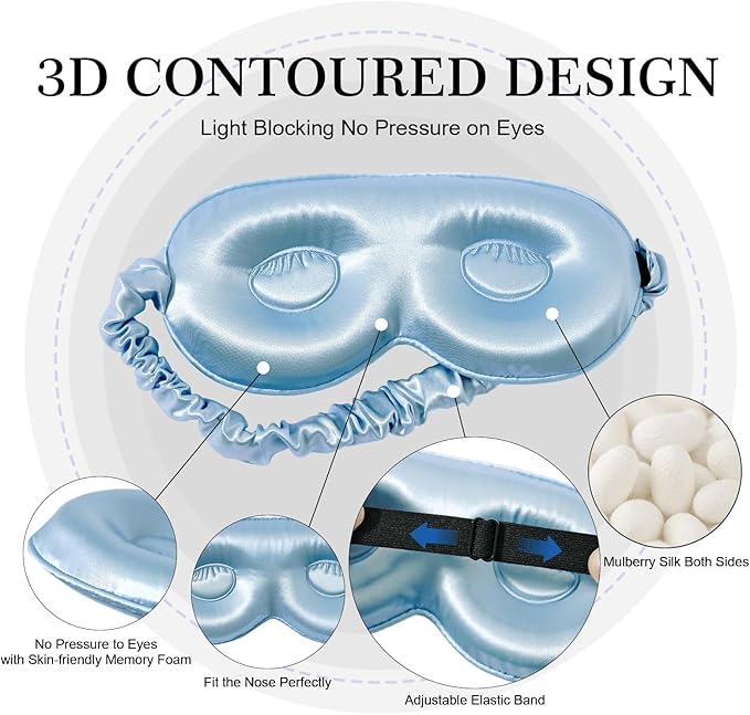 ZIMASILK Adjustable 22 Momme 100% Pure Mulberry Silk Sleep Mask, 3D Contoured Cup Eye Mask for Sleeping, Super Soft Breathable Blindfold, Perfect Blocks Light for Sleeping. (Sky Blue)