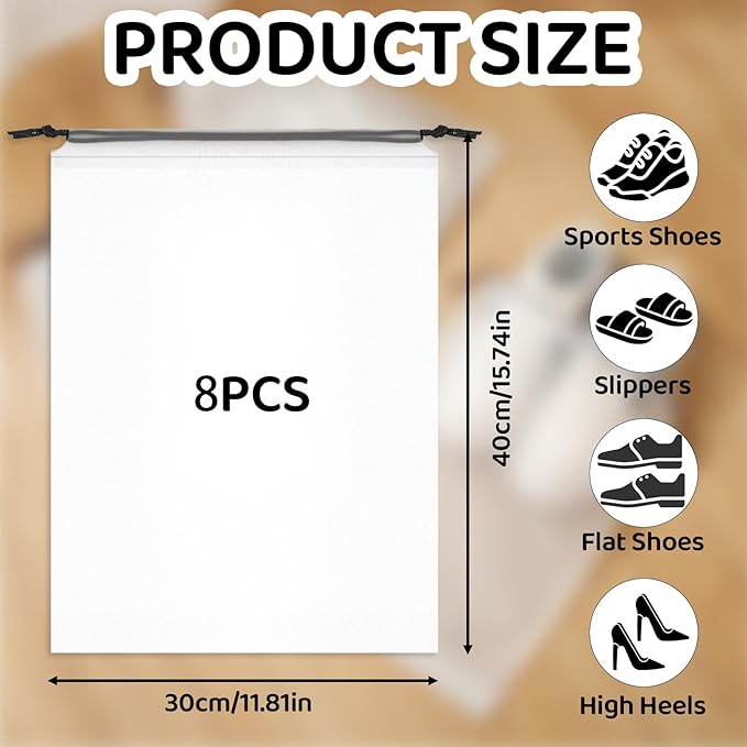 8 Pack Waterproof Travel Drawstring Shoe Bags, Clear Travel Essentials Drawstring Shoe Storage Bags (15.7" x 11.8"), Waterproof, Portable Shoe Storage for Packing Travel Essentials for Men & Women