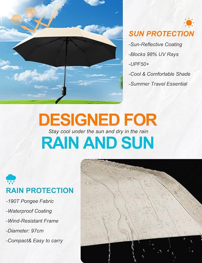 SoulRain Travel Umbrella - Compact Umbrella for Rain - Perfect Large Auto Folding Umbrella - Ideal Car umbrella, Small umbrella, and Travel Companion