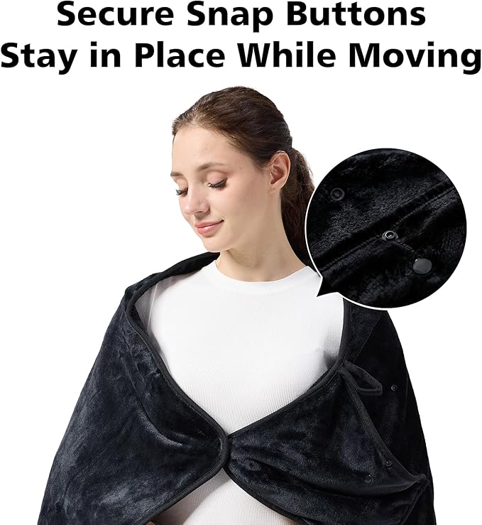 Travel Blanket with Carry Bag, Lightweight Wearable Airplane Blanket, Soft Packable Throw for Travel & Office Black