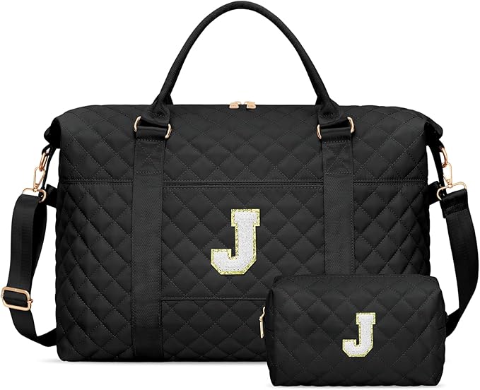 Gifts for Women, Initial Travel Duffle Bag, Personalized Weekender Overnight Bags, Gift for Mom Friend College Girl Graduation Teacher（Black,J)