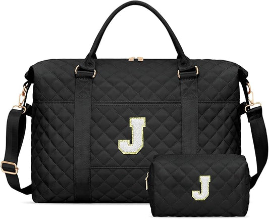 Gifts for Women, Initial Travel Duffle Bag, Personalized Weekender Overnight Bags, Gift for Mom Friend College Girl Graduation Teacher（Black,J)
