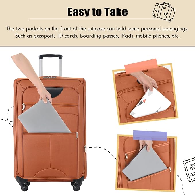 Softside Luggage Sets 3 Piece - 20" Carry-On, 24” & 28” Checked Luggage Set, Expandable Luggage Lightweight Suitcase with Spinner Wheels & TSA Lock for Family Extended Travel (Orange)